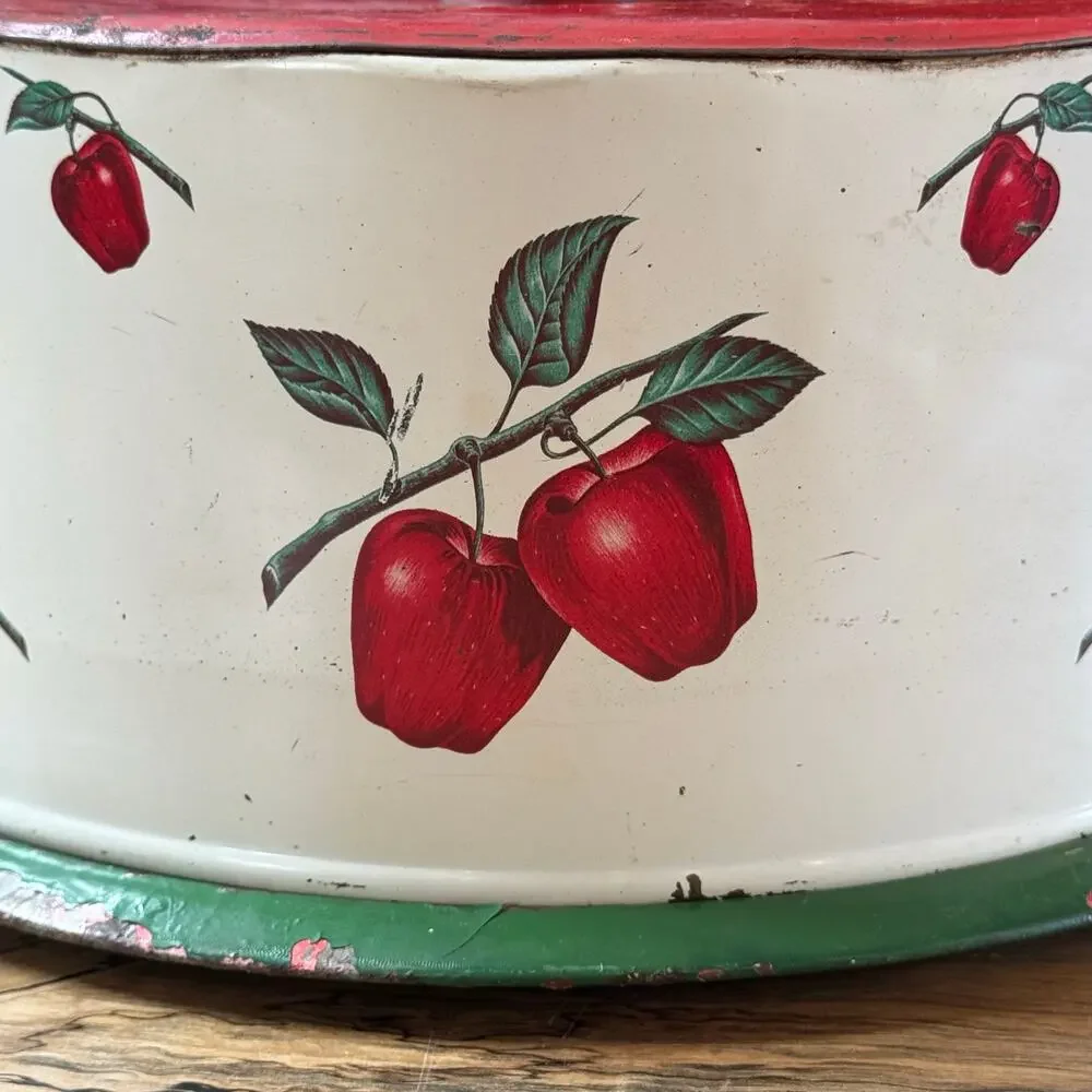 Vintage Decoware Tin Cake Carrier 1950s Metal Keeper Apple Litho Mid Century